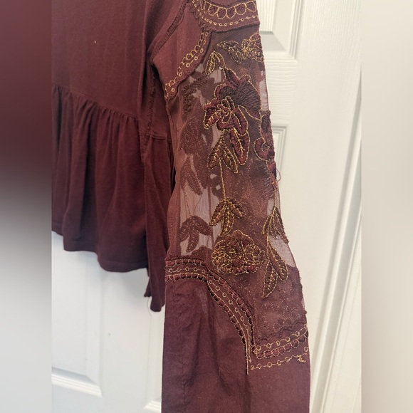 Free People Red Wine Embroidered Penny Tee Mesh Balloon Sleeve Top Size S - Picture 5 of 7
